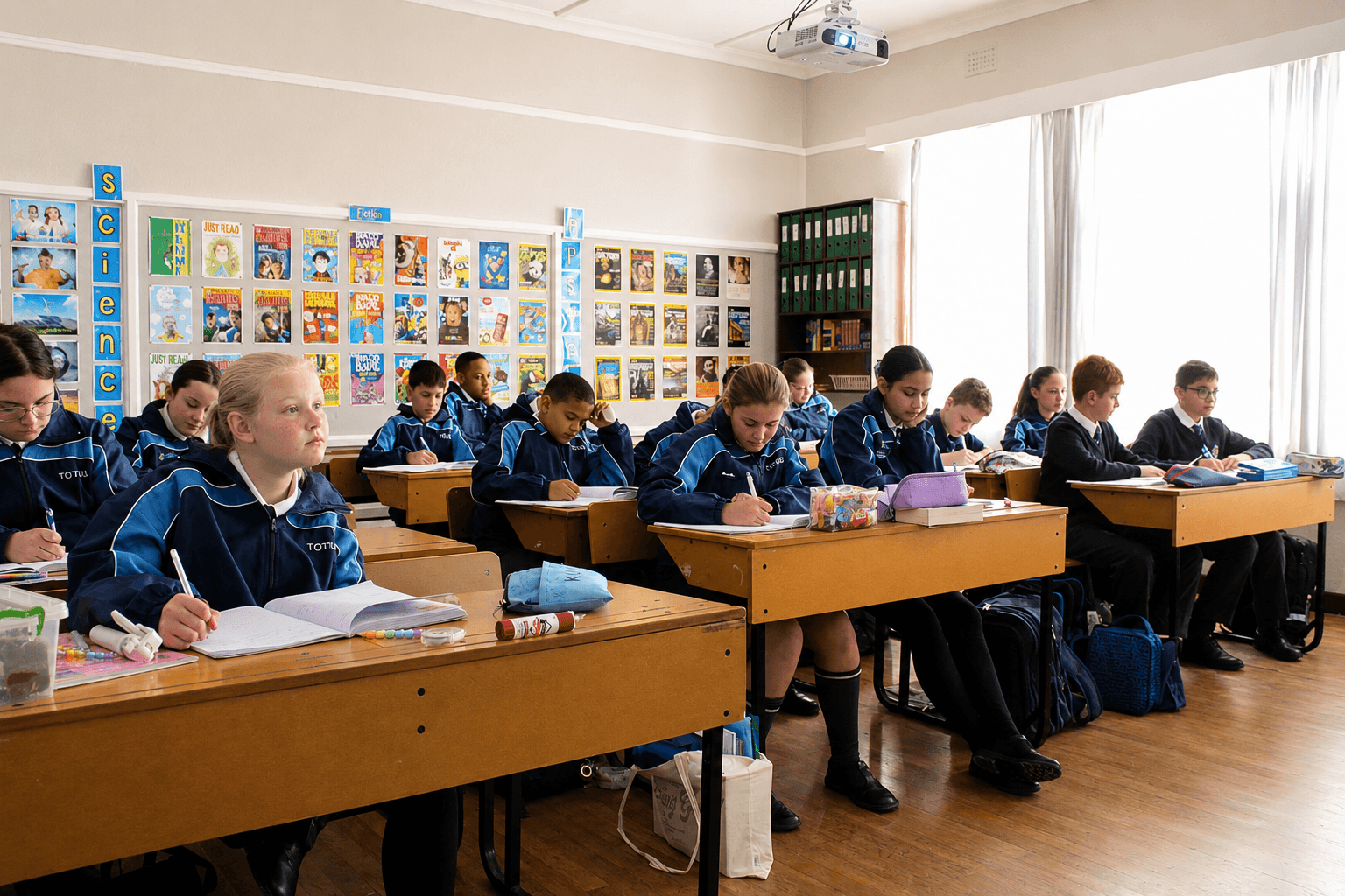 Ouer leerders werk in 'n seniorfase-klaskamer